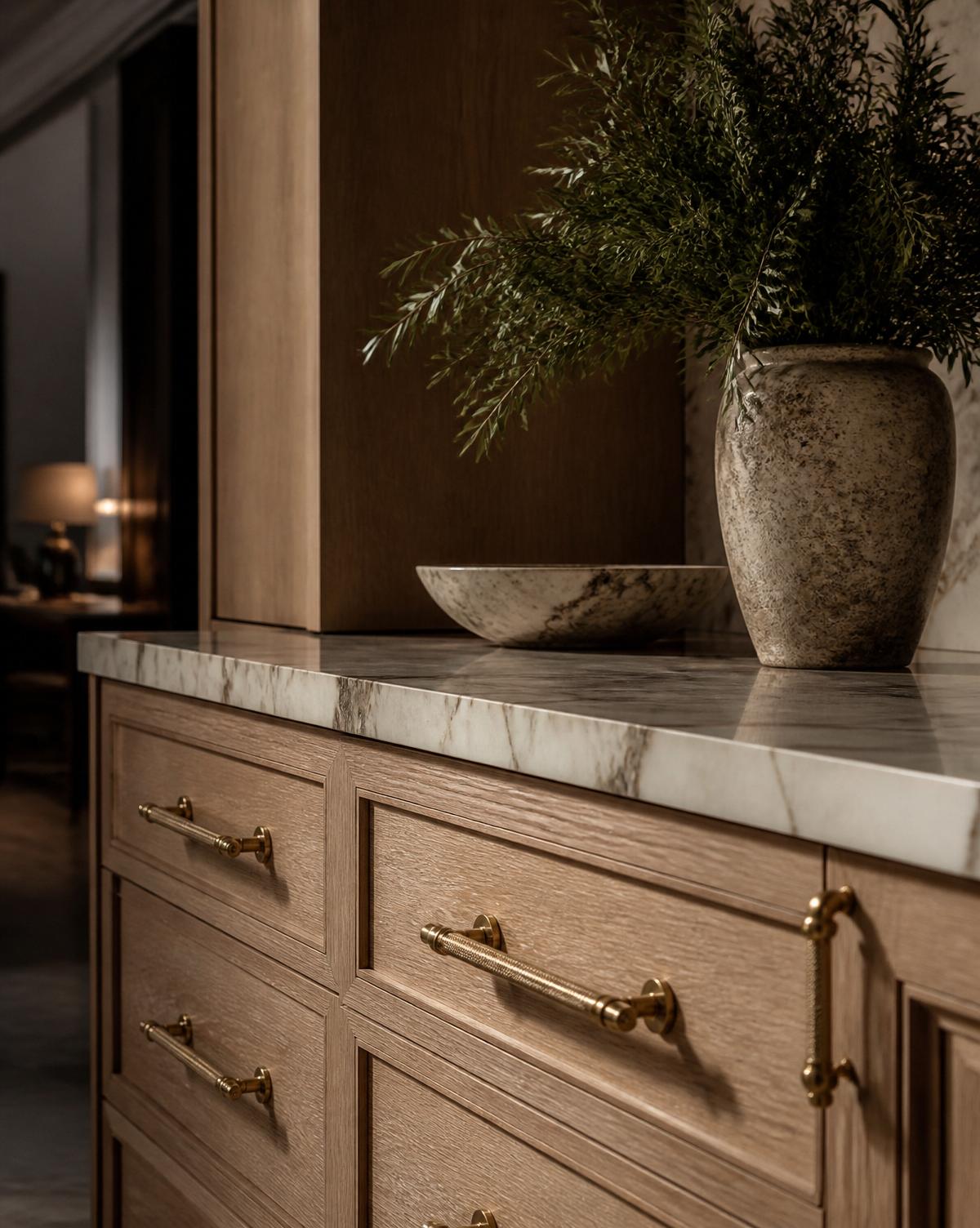 Warm brass hardware on oak cabinetry with marble counter
